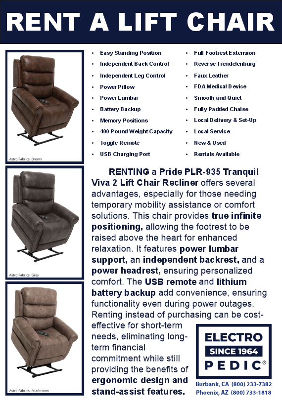 Anaheim Electropedic rent an electric lift chair recliner by golden or pride
